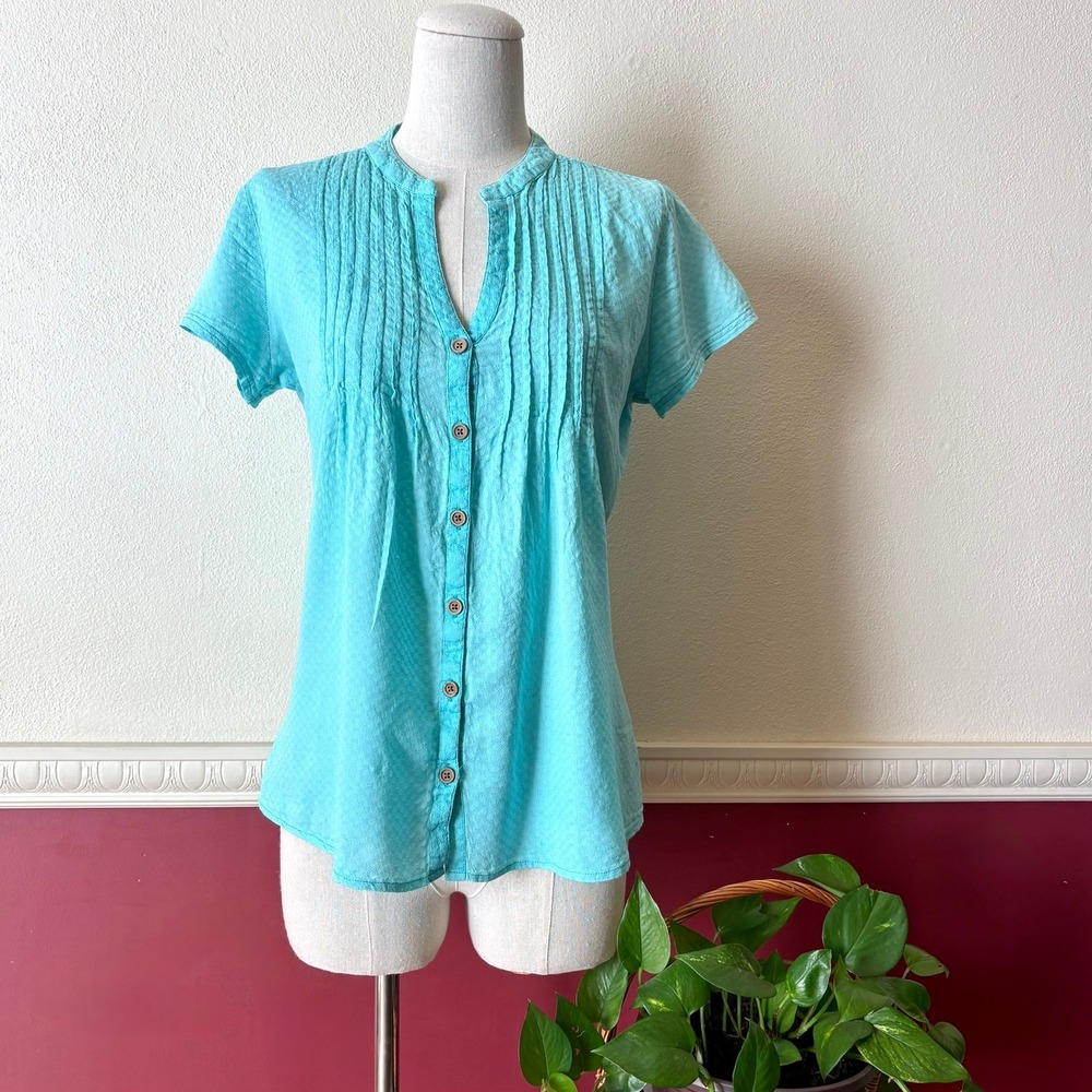 Prana Turquoise Blue Organic Cotton Pintuck Button Down Short Sleeve Top Size S